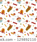 Seamless pattern festive in autumn colors. Gift boxes, confetti, cupcake, candy. This is a watercolor design element for printing, packaging 129892110