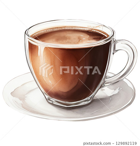 Delicate glass espresso cup illustration in watercolor, isolated on white background. Great for coffee shop signage or specialty brew branding 129892119