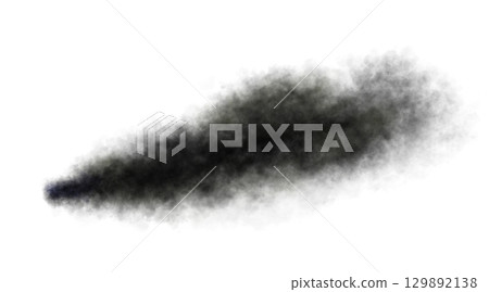 Thick black exhaust smoke cloud trail isolated from aircraft or vehicle with combustion engine 129892138