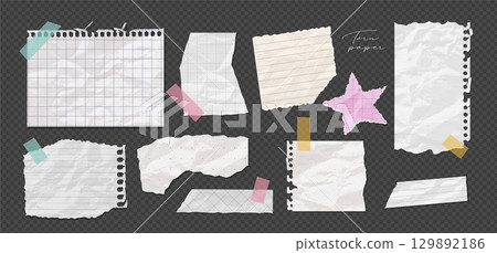 Set realistic crumpled pieces of paper with wrinkles and folds, white ripped notebook pages, lines and grid. Blank torn memo sheets with damaged edges, wrinkled strips and ragged note scraps. Vector 129892186