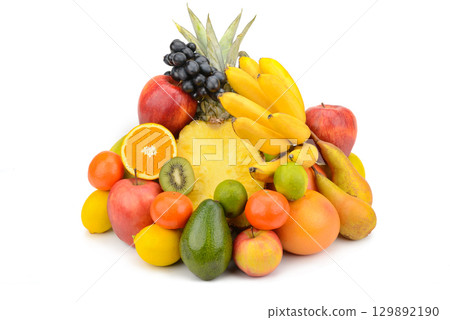 Large Assortment of Fresh Fruits isolated on white background. 129892190