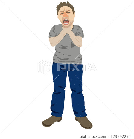 一名男子抱怨喉嚨痛和窒息的全身插圖 129892251