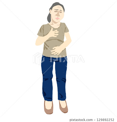 Full-body illustration of a woman complaining of chest and stomach pain Full-body illustration of a woman complaining of chest and stomach pain 129892252