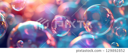 A background with bubbles. Bubbles close-up. Soap bubbles texture in blue and violet colors. Summer fun.	 129892852