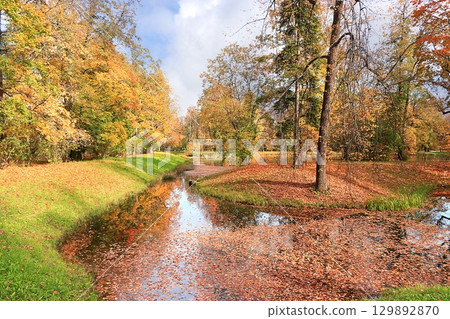 October autumn park in Russia, lake with red leaves and reflection in the lake, Aleksandrovsky park, Tsarskoe Selo, Leningrad region. Autumn landscape, seasons. October autumn park in Russia, lake with red leaves and reflection in the lake, Aleksandrovsky park, Tsarskoe Selo, Leningrad region. Autumn landscape, seasons. 129892870