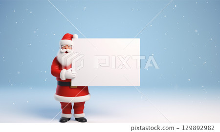 Santa Claus with a blank sign. A Christmas frame with copy space. Santa holding a blank board with a blue background. 129892982