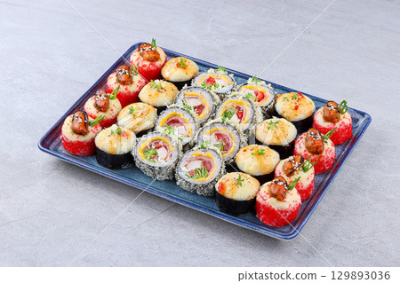 Creative Baked and Tempura Sushi Platter with Mussels, Crab, and Assorted Fillings Creative Baked and Tempura Sushi Platter with Mussels, Crab, and Assorted Fillings 129893036