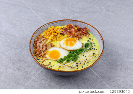 Creamy Cheese Ramen with Bacon, Soft-Boiled Eggs, and Vegetables Creamy Cheese Ramen with Bacon, Soft-Boiled Eggs, and Vegetables 129893043
