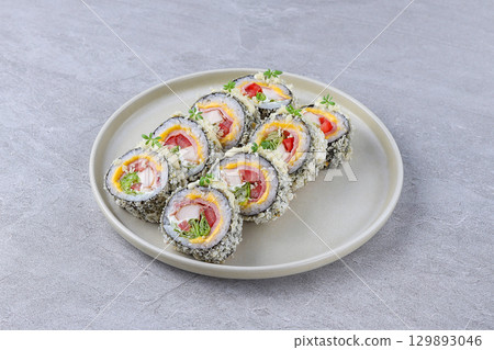 Crispy Tempura Sushi Rolls with Crab Stick, Cheese, and Vegetables Crispy Tempura Sushi Rolls with Crab Stick, Cheese, and Vegetables 129893046