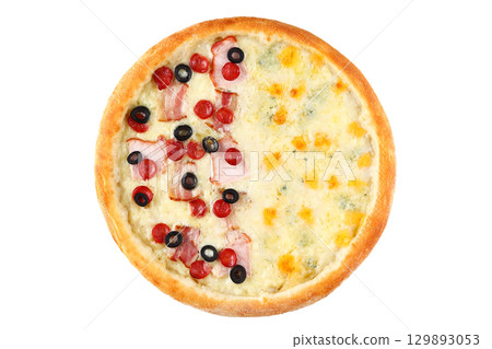 Half-and-half pizza with one side topped with bacon, olives, and pepperoni, and the other side covered in a four-cheese blend. Half-and-half pizza with one side topped with bacon, olives, and pepperoni, and the other side covered in a four-cheese blend. 129893053