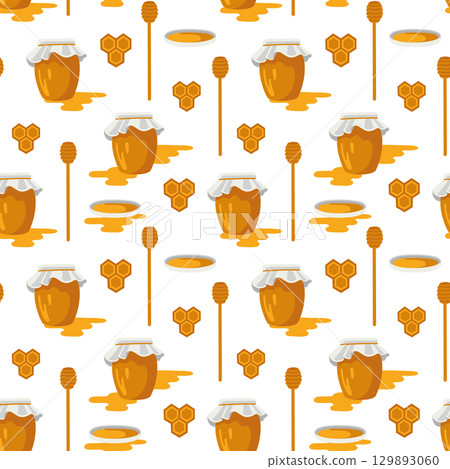 Vector hand-drawn seamless pattern with honey, pot, honey dipper and honeycombs 129893060