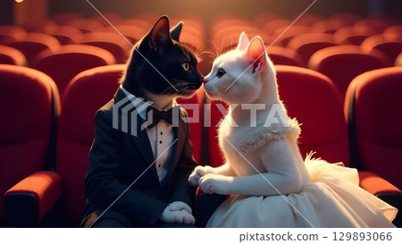 A cat in a tuxedo and a cat in a dress on a date in the theater sitting in the auditorium 129893066