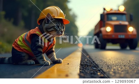 A cat wearing an orange construction helmet and vest carefully examines the yellow-striped road, while construction vehicles are working nearby during an overcast morning 129893067