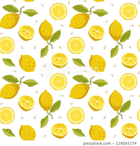Vector hand-drawn seamless pattern with fresh lemons, lemon tree leaves, seeds and sliced citrus fruit  129893154