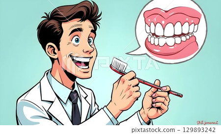 Dentist demonstrating proper oral hygiene techniques while explaining dental health benefits to patients in a cheerful setting 129893242
