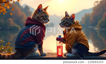 Two cats in clothes sitting on the embankment and talking and holding a shaker 129893243