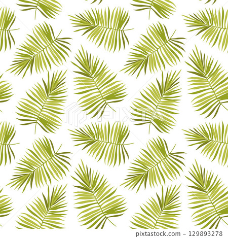 Vector hand-drawn seamless pattern with green palm leaves on white background . Vector hand-drawn seamless pattern with green palm leaves on white background . 129893278