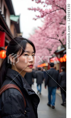 Walking on the street of Japan around cherry blossoms Walking on the street of Japan around cherry blossoms 129893330