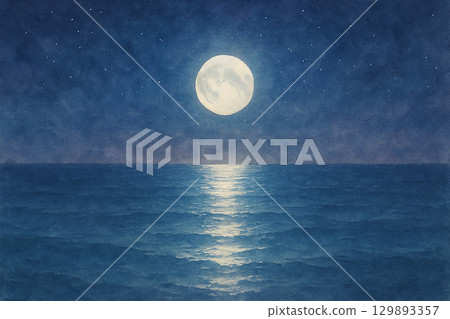 水彩插圖背景為海面上倒映著滿月的夢幻夜景 129893357