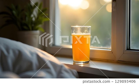 A glass of juice on the windowsill with a flower in a pot, a ray of sunshine and a blanket in the frame 129893406