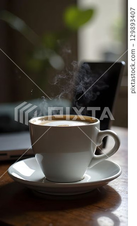 Beige White Cup And Saucer On Desk With Cappuccino In Office 129893407