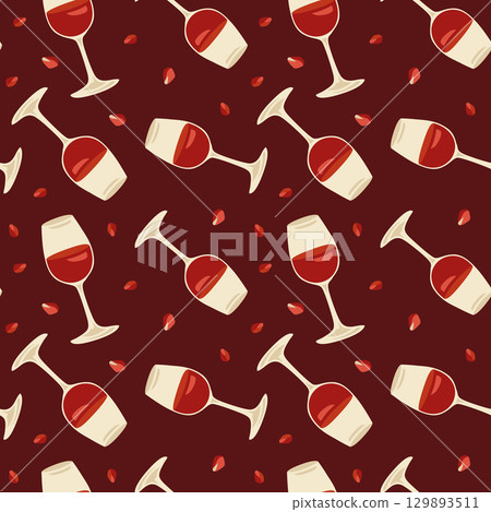 Vector hand-drawn seamless pattern with pomegranate seeds and glasses of red wine 129893511