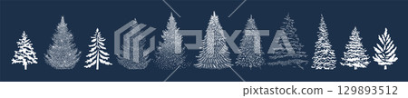 Set of graphic snowy Christmas trees. hand drawing. Not AI. Vector illustration 129893512