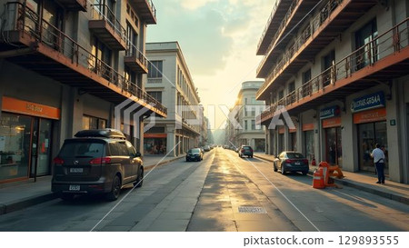 Urban street view during golden hour with cars parked along the roadside in a bustling city 129893555