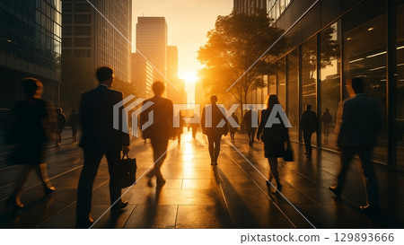 A businessman and a businesswoman commuting to work in the morning sun 129893666