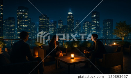 A businessman and a businesswoman having a meeting on a terrace with the night view in the background 129893667