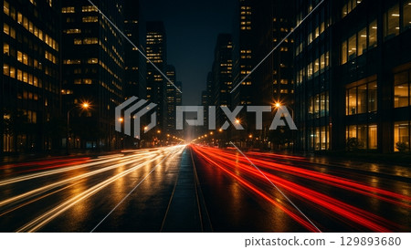 The dynamism of the city depicted by the business district at night and the light trails of cars 129893680