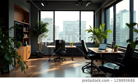 Modern office interior with large windows showcasing a city skyline during daylight 129893688