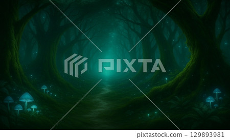 奇幻森林和黑暗中發光的藍色蘑菇 129893981