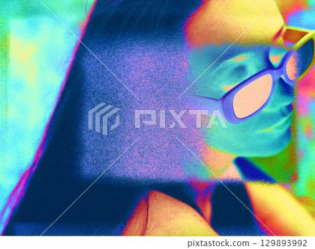 Female face in profile enhanced with vivid colors and digital textures. Artistic portrait of a woman, girl in a vibrant hues. Surreal touch. 129893992