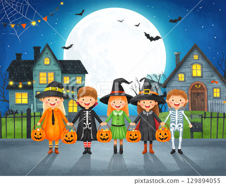 孩子們為萬聖節裝飾 129894055
