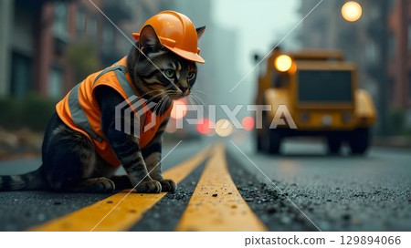 Cat in construction gear oversees roadwork in urban setting on a misty morning 129894066