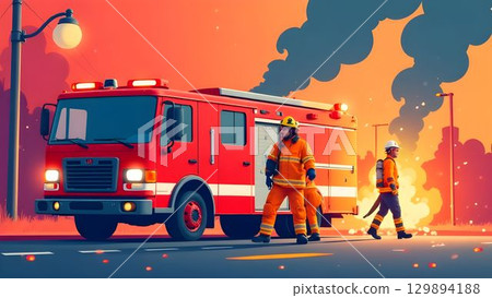 Emergency response team extinguishes fire during sunset in urban area 129894188