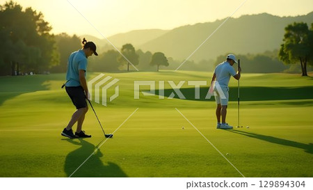 Golfers play clear weather on the golf course Golfers play clear weather on the golf course 129894304