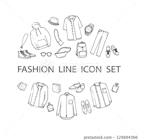 Men's casual fashion and accessories line drawing set with circle background Men's casual fashion and accessories line drawing set with circle background 129894366