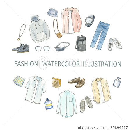 Men's casual fashion and accessories watercolor illustration set with circle background Men's casual fashion and accessories watercolor illustration set with circle background 129894367