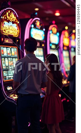 Couple enjoying time together at a vibrant casino while playing slot machines at night Couple enjoying time together at a vibrant casino while playing slot machines at night 129894445