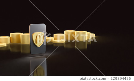The Gold shield and Mobile for Security concept 3d Rendering. 129894456