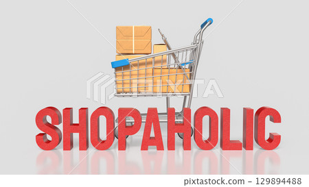 The Shopping Cart and Box for shopaholic concept 3d Rendering. 129894488