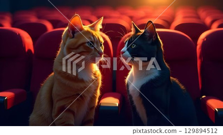 A black and a ginger cat are sitting in a chair in the auditorium of the theater 129894512