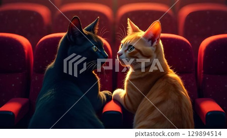 Black cat looking at ginger cat on chairs in cinema auditorium 129894514