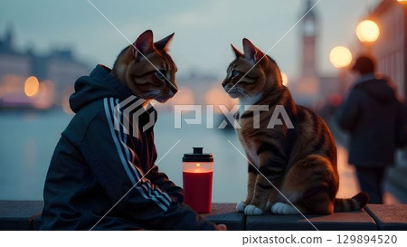 Unique interaction between a cat and a cat in an urban setting by the river at dusk Unique interaction between a cat and a cat in an urban setting by the river at dusk 129894520