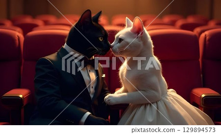 Cats in formal attire share a romantic moment in a theater filled with empty seats during a special event 129894573