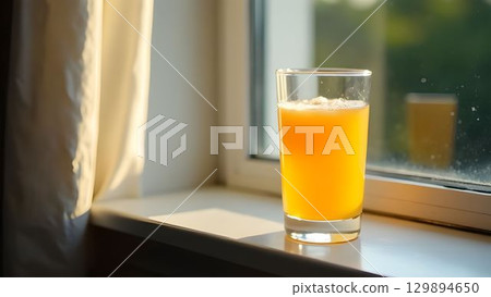 Morning sunlight illuminates a glass of orange juice on a windowsill with soft curtains in the background 129894650