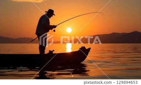 A man in a hat sits in a small boat, casting his fishing line into a calm lake at sunset. The warm colors of the sky reflect on the water, creating a peaceful atmosphere. 129894653
