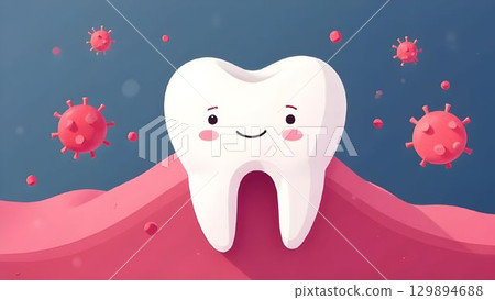 A whimsical tooth character with a smile is surrounded by vibrant bacteria, creating an engaging scene that promotes dental hygiene 129894688